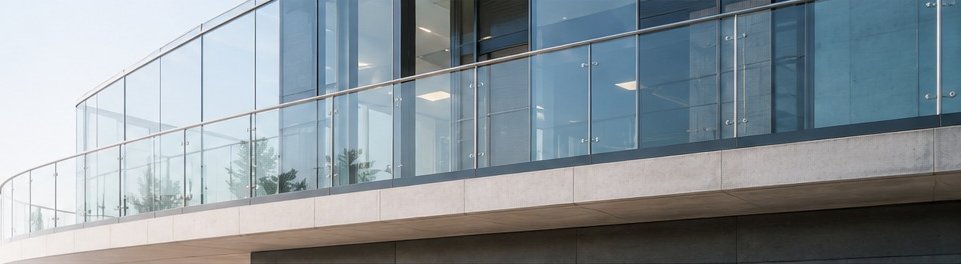 Curved glass balcony railing on a modern building